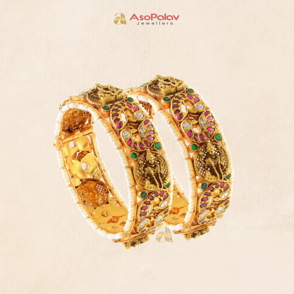 22K Temple Pearl Gold Bangles with Ruby Emerald Gemstones